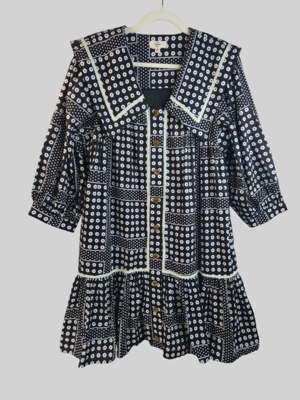 Entro Collared Mini Dress M Black White Floral Dot Print Boho Retro Cottagecore
